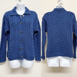 Aran Crafts Ireland Womens Blue 100% Merino Wool Chunky Knit Cardigan Size S